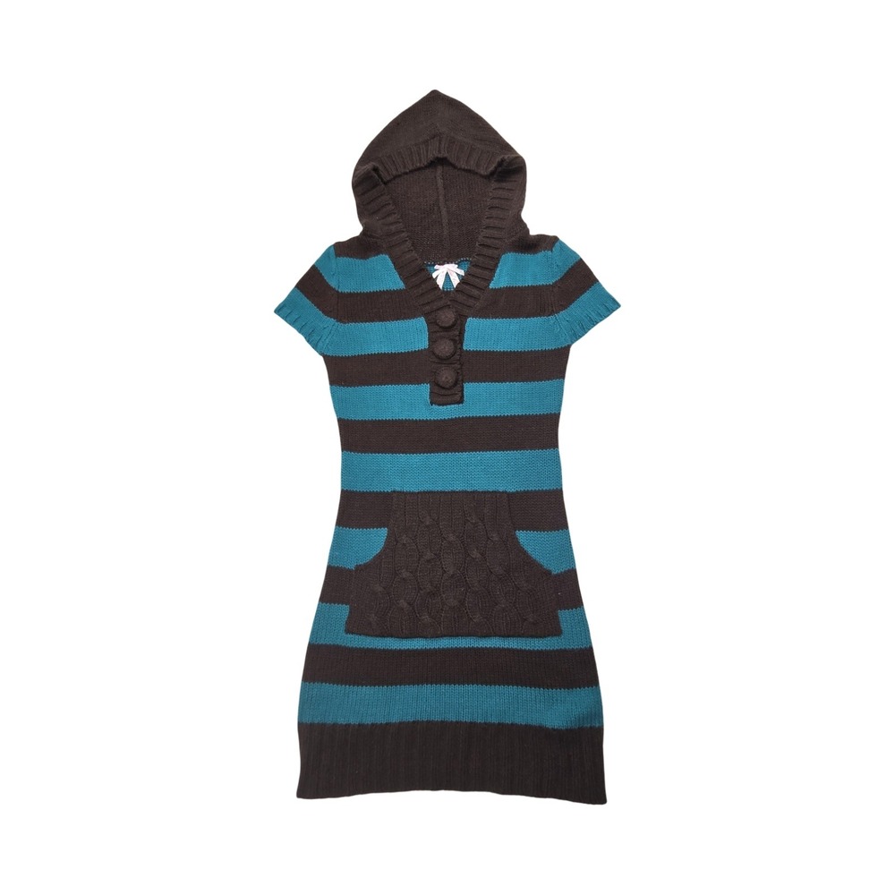 Derek Heart Striped Hooded Sweater Dress Teal Brown Henley Short Sleeve 2010s M